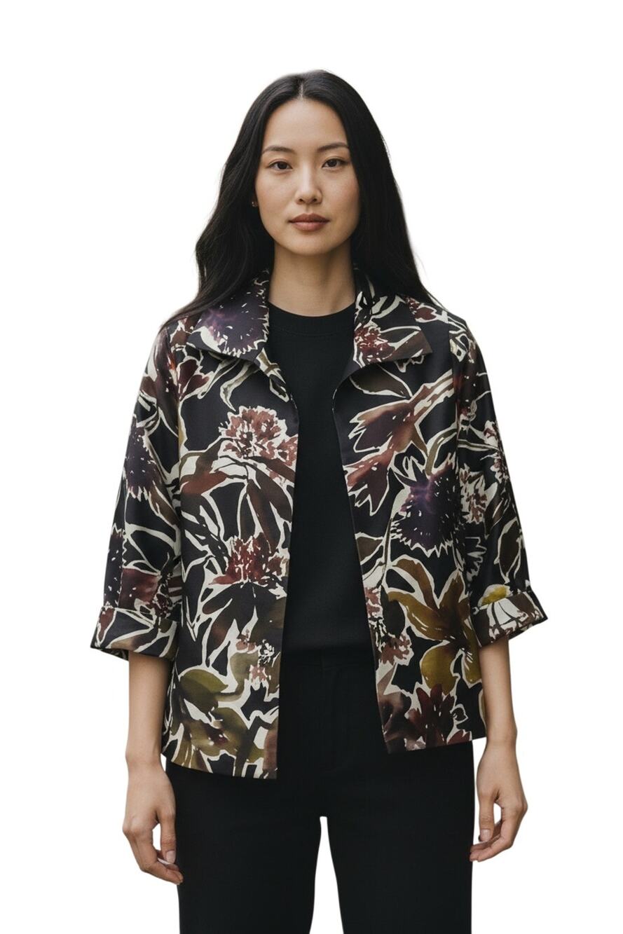 Caroline Rose $498 Autum Bloom Devore Easy A-Line Black Abstract Jacket Size S